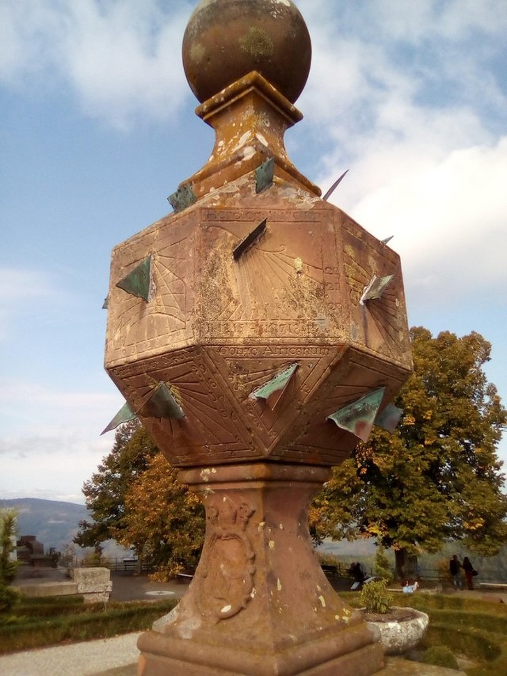 This old sundial has multi-oriented panels that show the time in countries all around the world.