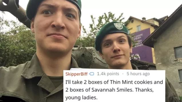 soldier - SkipperBiff points. 5 hours ago I'll take 2 boxes of Thin Mint cookies and 2 boxes of Savannah Smiles. Thanks, young ladies.