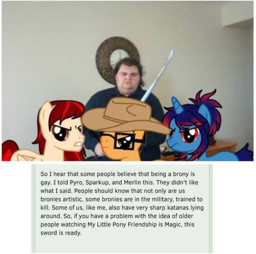 did you say about bronies - So I hear that some people believe that being a brony is gay. I told Pyro, Sparkup, and Merlin this. They didn't what I said. People should know that not only are us bronies artistic, some bronies are in the military, trained t