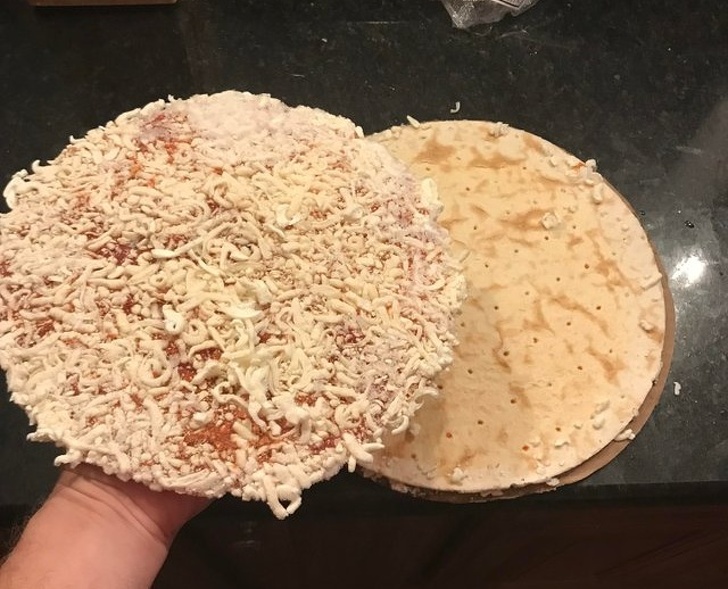 The sauce and cheese on this frozen pizza separated completely from the crust.