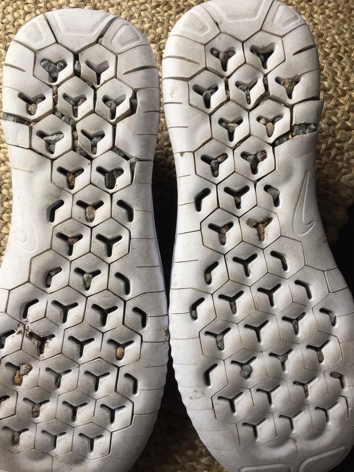 “My new free running shoes after my first run — now with all these rocks in the soles, I have to throw them away.”