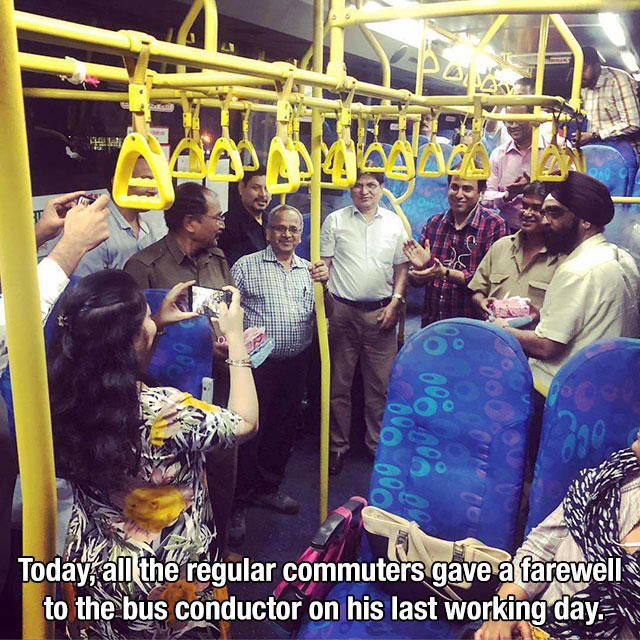 The Commute - Today, all the regular commuters gave a farewell to the bus conductor on his last working day. V