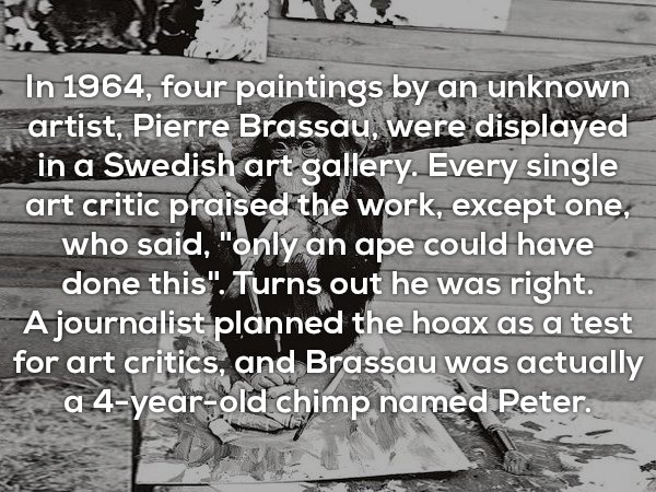 monochrome photography - In 1964, four paintings by an unknown artist, Pierre Brassau, were displayed in a Swedish art gallery. Every single art critic praised the work, except one, who said, "only an ape could have done this". Turns out he was right. A j
