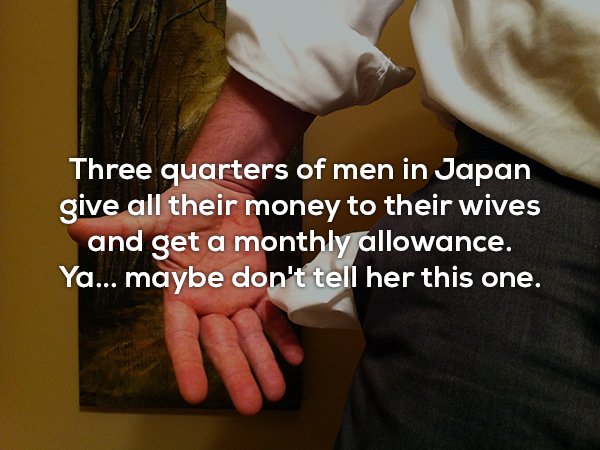 muscle - Three quarters of men in Japan give all their money to their wives and get a monthly allowance. Ya... maybe don't tell her this one,