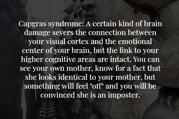 quotes - Capgras syndrome A certain kind of brain damage severs the connection between your visual cortex and the emotional center of your brain, but the link to your higher cognitive areas are intact. You can see your own mother, know for a fact that she