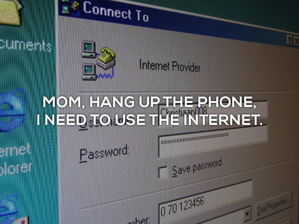 Nostalgia meme about having mom hang up the phone because you need the internet