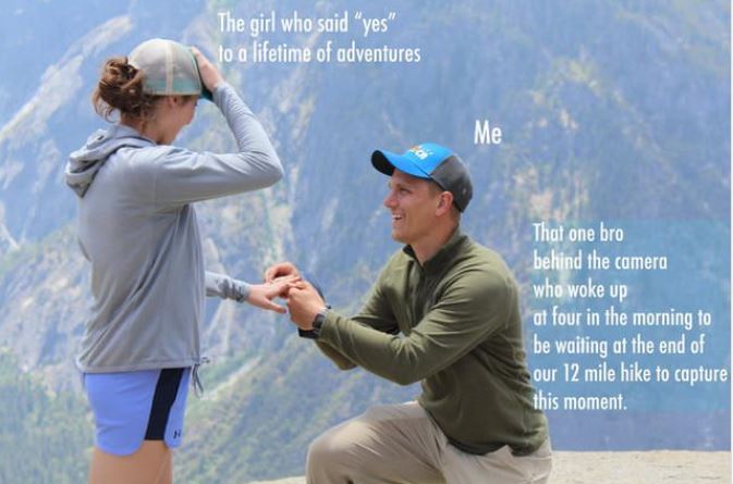 wholesome meme of couple getting engaged on a mountain top and someone considered their friend who climbed with them to take that picture