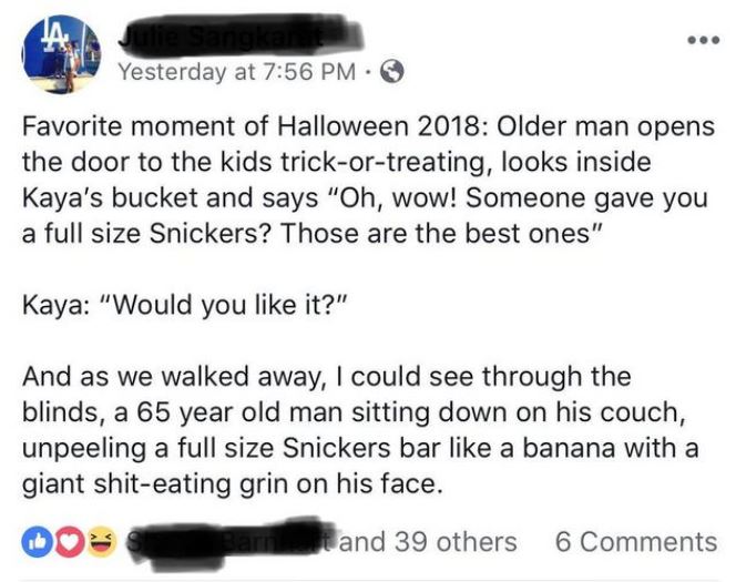text story on facebook of man who took snickers bar and ate with gusto that a little girl gave him