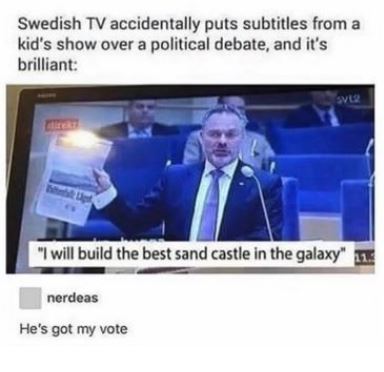 wholesome meme of politician that had the subtitles to a kids movie and it was epic