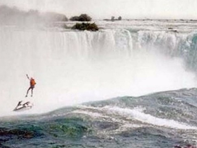 If you want to raise money for a worthy cause, you have to get attention by pushing the limits. Robert Overacker was hoping to raise awareness and money for the homeless, and so, in 1995, he set out to do an incredible feat, Jet Ski over Niagara Falls. We will never know if he might have managed this, as his rocket propelled parachute never opened, and he fell to his death. This photo is taken right beforehand.