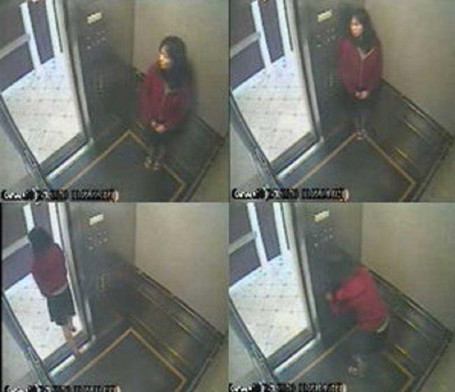 The young lady that you see in this camera footage is a college student by the name of Elisa Lam. She disappeared back in 2013 and after some time her body was eventually found at the top of the Cecil Hotel in Los Angeles in a water tank. You can see here that she was hiding from someone and talking to herself, but the strange thing is that this last footage of her still cannot explain as to how she ended up in the water tank.