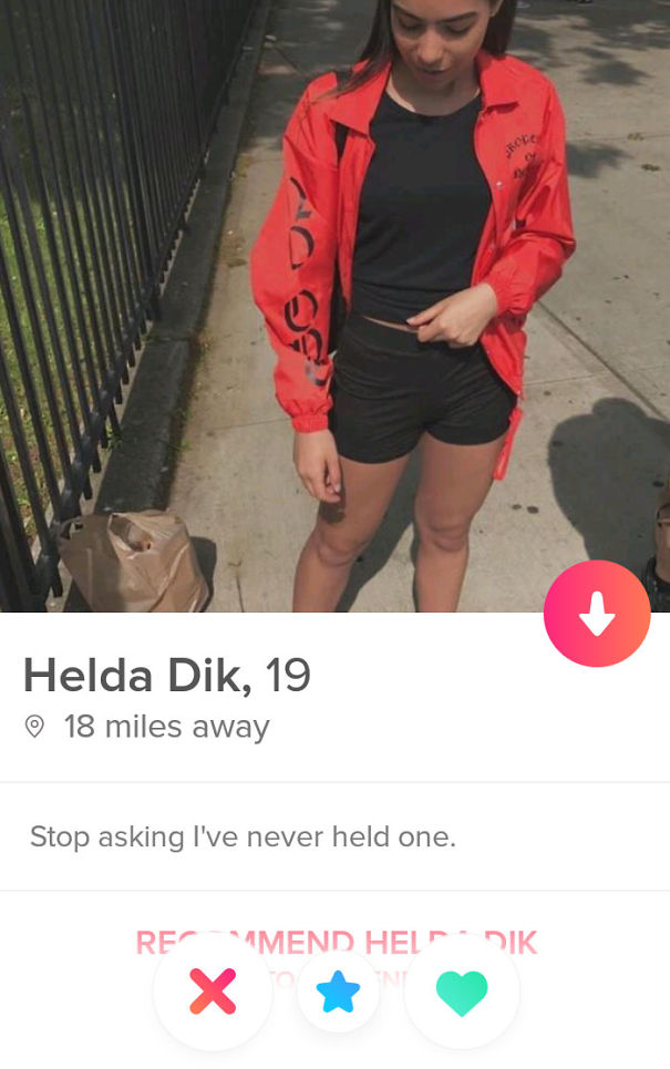funny tinder bios - Helda Dik, 19 18 miles away Stop asking I've never held one. Remend Heldik X t