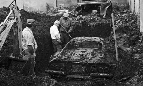 A buried 1974 Dino 264 GTS Ferrari.
In February 1978, two kids were playing in the mud in a LA backyard, when they hit something that sounded like a car roof. Flagging down a sheriff’s cruiser, they ended assembling a team and unearthing the car. Upon investigation, it was determined that the car was stolen a few years earlier and was never recovered.