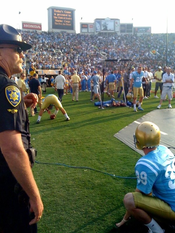 “I walked out onto the sideline at the Rose Bowl (the stadium, not the event, although the event is held at the stadium) in the first half of a UCLA football game and watched the remainder of the game with the team and players. I pretended to be on my phone and walked straight down and no one even gave me a second look. I didn’t know what to do during halftime, so I just stayed on the sideline and watched the halftime show with the band/cheerleaders. Still, no one asked “What the f*ck are you doing out here?” Stayed out there for the second half and saw UCLA win and ran across the field with the players and then found my friends, who all assumed that at any moment I was going to be arrested, and then left the game.”