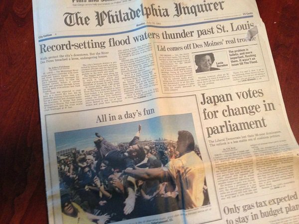 “My parents forbid me from going to Lolapalooza ’93 in Philadelphia on account of it being too dangerous. Went anyway. Came downstairs the next morning to find a picture of me crowd surfing on the front page of the Philadelphia Inquirer sitting on the kitchen table. Thought that I had been caught, but they had not noticed. “