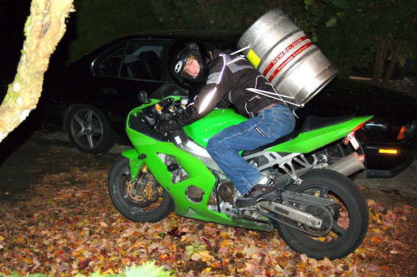 “Well the party was over and the empty keg needed to be returned, and all we had was a motorcycle so my buddy wore it as a backpack.”