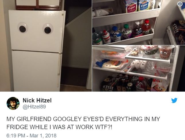 refrigerator - Nick Hitzel My Girlfriend Googley Eyes'D Everything In My Fridge While I Was At Work Wtf?!