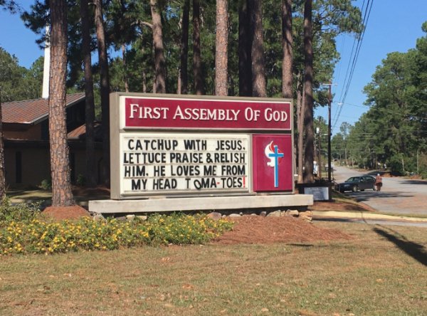 signage - First Assembly Of God Catchup With Jesus, Lettuce Praise & Relish Him. He Loves Me From My Head Tomatoes!