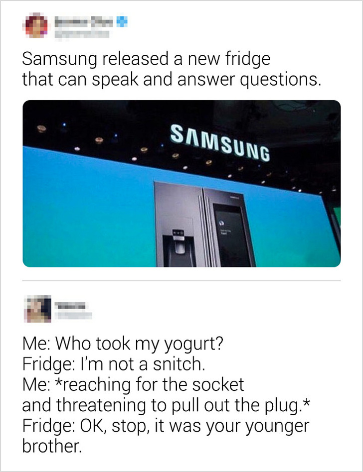 Samsung released a new fridge that can speak and answer questions. Samsung Me Who took my yogurt? Fridge I'm not a snitch. Me reaching for the socket and threatening to pull out the plug. Fridge Ok, stop, it was your younger brother.