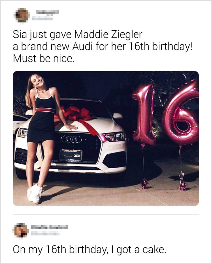 sia buys maddie ziegler a car - Sia just gave Maddie Ziegler a brand new Audi for her 16th birthday! Must be nice. am On my 16th birthday, I got a cake.