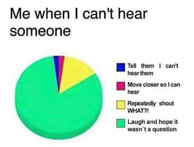 sunday blues memes - Me when I can't hear someone Tell them hear them I can't Move closer so I can hear Repeatedly shout What?! Laugh and hope it wasn't a question
