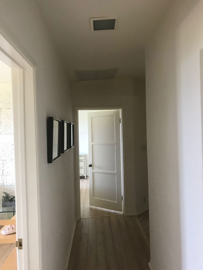 It may seem as if this is a photo was taken at an angle, but I assure you, it was perfectly straight. The floors are just sloping down a good 6 inches from the middle of the home.