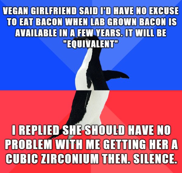 ordained minister funny - Vegan Girlfriend Said I'D Have No Excuse To Eat Bacon When Lab Grown Bacon Is Available In A Few Years. It Will Be "Equivalent" I Replied She Should Have No Problem With Me Getting Her A Cubic Zirconium Then. Silence.