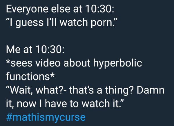 Everyone else at I guess I'll watch porn." Me at sees video about hyperbolic functions "Wait, what? that's a thing? Damn it, now I have to watch it.