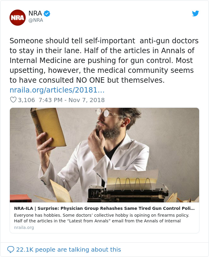 Recently, the NRA put out a tweet in an attempt to silence the doctors speaking out against gun violence