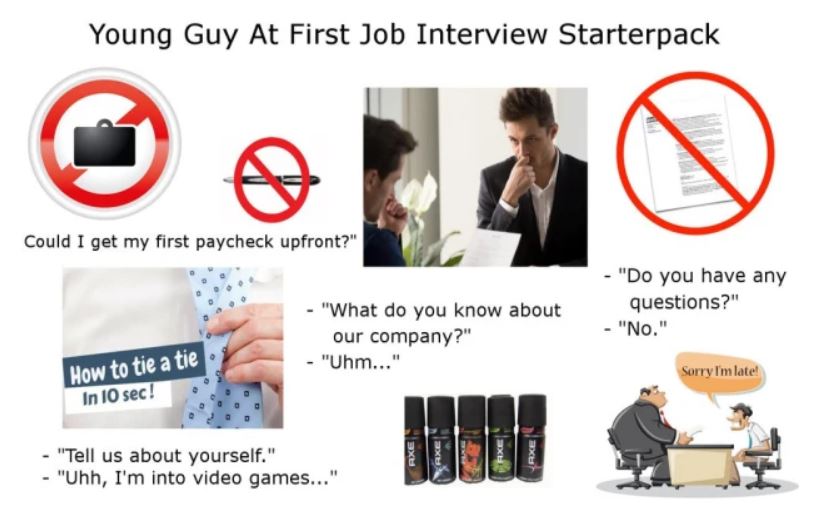 starter pack of young guy at first job interview