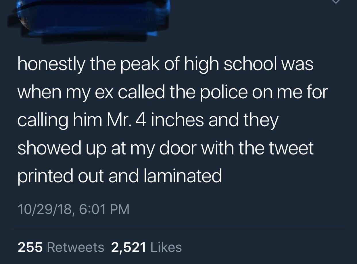 boy gave a girl 13 - honestly the peak of high school was when my ex called the police on me for calling him Mr. 4 inches and they showed up at my door with the tweet printed out and laminated 102918, 255 2,521