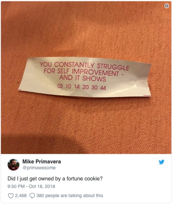 label - You Constantly Struggle For Self Improvement And It Shows 03 10 14 20 30 44 Mike Primavera Did I just get owned by a fortune cookie? 2,468