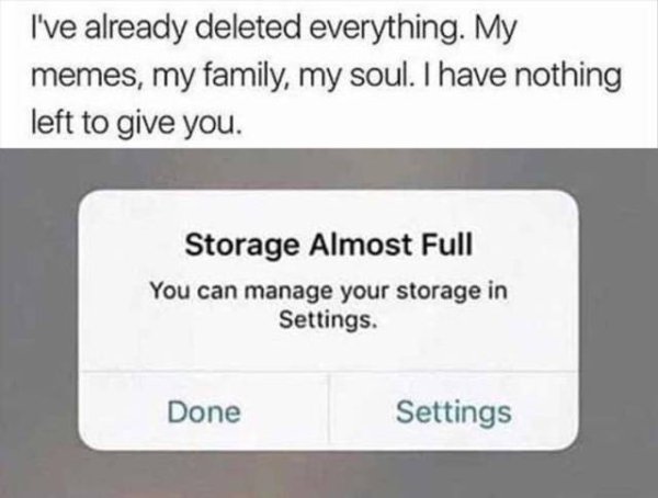 iphone storage meme - I've already deleted everything. My memes, my family, my soul. I have nothing left to give you. Storage Almost Full You can manage your storage in Settings. Done Settings