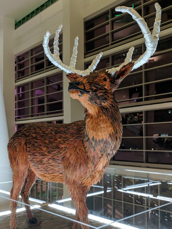 A statue at the new Bucks Stadium, The Fiserv Forum, in Milwaukee. The hide is made from cut up basketballs and the antlers are made from basketball hoops.
