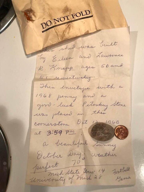 “Found a time capsule tearing down a shed this summer. Included a note, a penny from that year, and our state stone.”