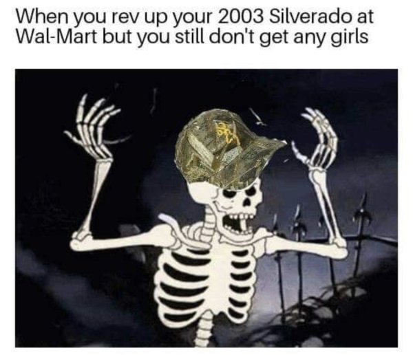 skeleton meme - When you rev up your 2003 Silverado at WalMart but you still don't get any girls