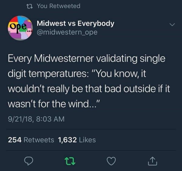 indiana mid western memes - t2 You Retweeted . Midwest vs Everybody Every Midwesterner validating single digit temperatures "You know, it wouldn't really be that bad outside if it wasn't for the wind..." 92118, 254 1,632