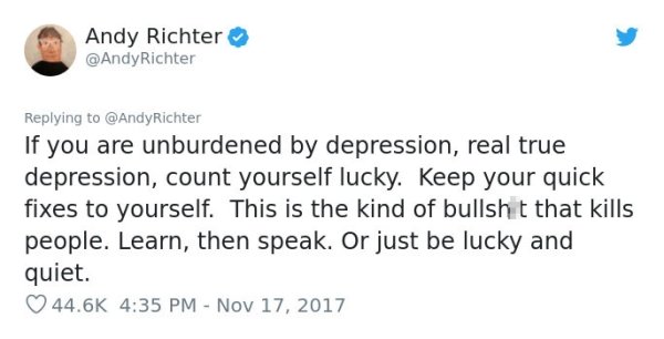 Andy Richter unloads on woman who says “depression is a choice”