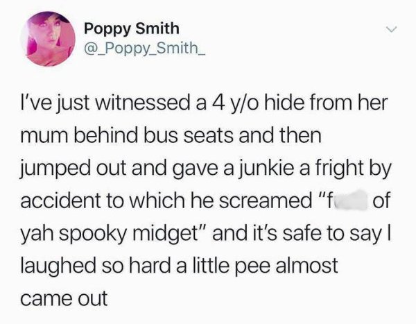 meme of sanders sides - Poppy Smith I've just witnessed a 4 yo hide from her mum behind bus seats and then jumped out and gave a junkie a fright by accident to which he screamed "f of yah spooky midget" and it's safe to say || laughed so hard a little pee