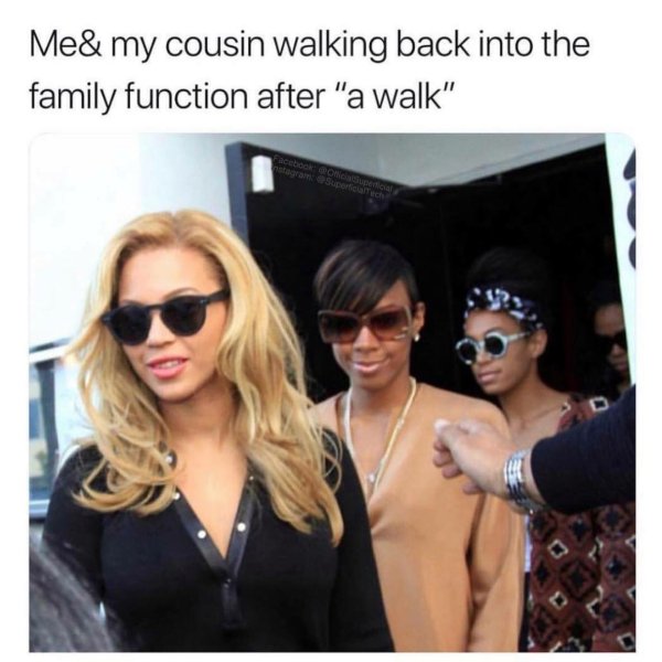 beyonce memes - Me& my cousin walking back into the family function after "a walk"