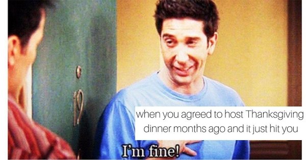 my life is like that episode of friends - when you agreed to host Thanksgiving dinner months ago and it just hit you I'm fine!