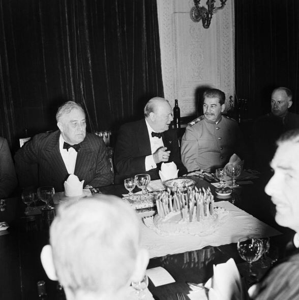 Churchill celebrates his 69th birthday with Franklin Roosevelt and Joseph Stalin, 1943