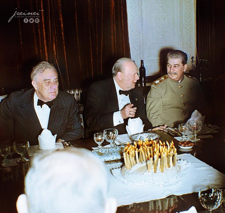 Churchill celebrates his 69th birthday with Franklin Roosevelt and Joseph Stalin, 1943