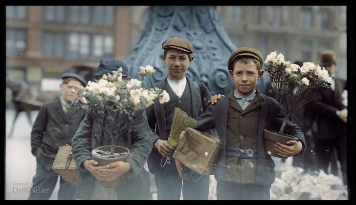 Boys buying flowers in New York, 1908