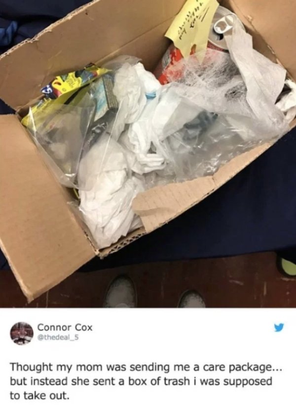 box of trash - Connor Cox Thought my mom was sending me a care package... but instead she sent a box of trash i was supposed to take out.
