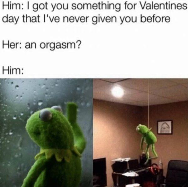 kermit suicide meme - Him I got you something for Valentines day that I've never given you before Her an orgasm? Him