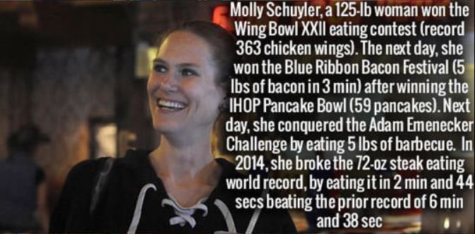 photo caption - Molly Schuyler, a 1251b woman won the Wing Bowl Xxii eating contest record 363 chicken wings. The next day, she won the Blue Ribbon Bacon Festival 5 lbs of bacon in 3 min after winning the Ihop Pancake Bowl 59 pancakes. Next day, she conqu