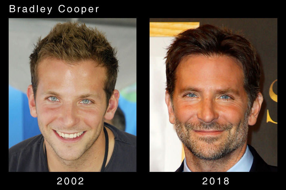 actors then now - Bradley Cooper 2002 2018