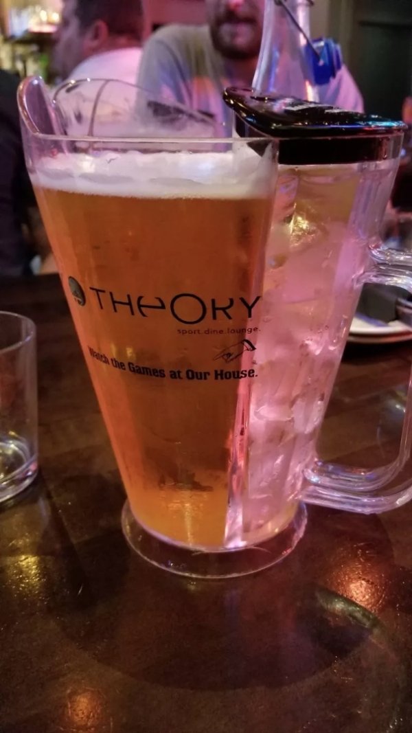 This pitcher has two compartments, one filled with ice in order to keep the beer in the second compartment nice and cold.