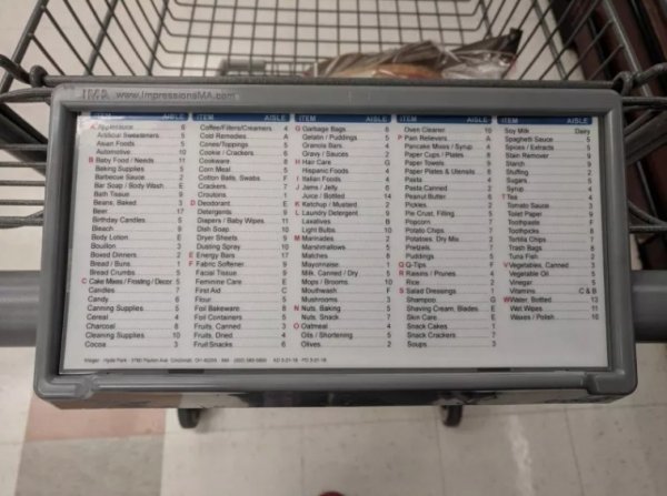 This store’s carts have an aisle directory on them, so you can locate your food & miscellaneous items quickly.